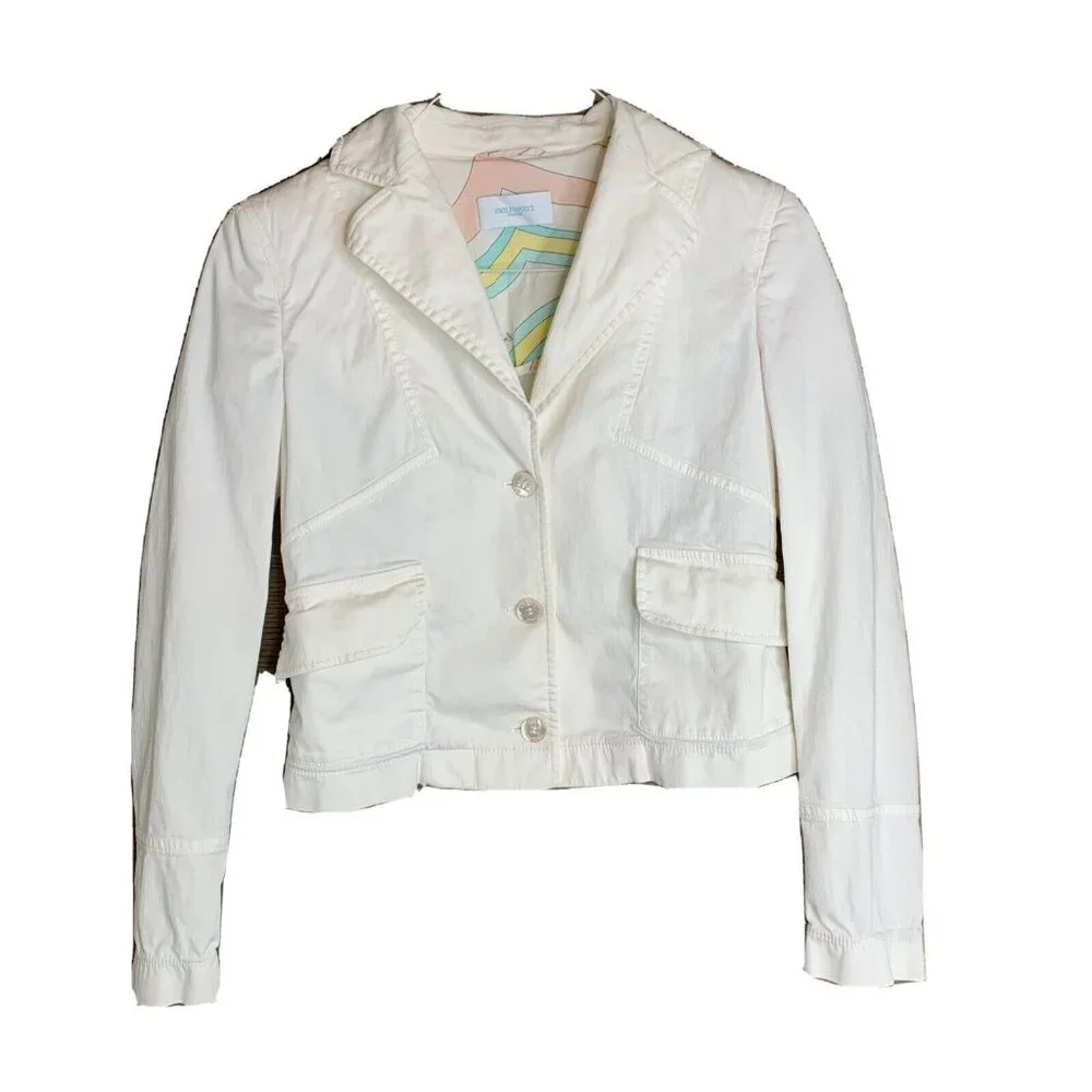Emilio Pucci Firenze Jacket Womans Size 10 White Denim Stretch Made in Italy - Picture 1 of 15
